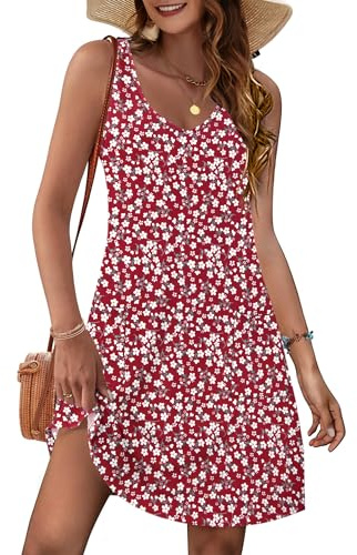 MOLEARNI Robe d'été pour Femmes - Rouge Fleur - M - Midi - Col en V - Sans Manche - Casual Chic