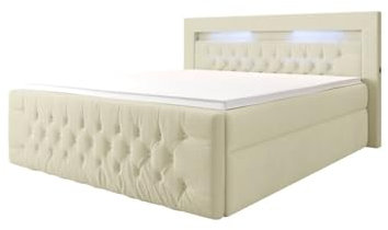 Luxusbetten24 Boxspringbett Menzogna Bouclé 160x200 mit LED-Beleuchtung und Stauraum | Bezug: Bouclé | Farbe: Beige | Härtegrad: H2 (bis 70kg)