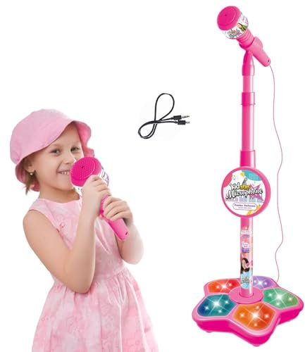 Kids Microphone and Stand, Stand Up Microphone Kids,Adjustable Karaoke Machine with Light Pedal, kids karaoke machines, Girls Party Pastime, Sing Musical Toy with Flashing Stage Lights (pink)