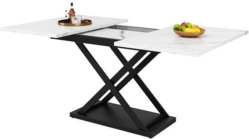 DRIXNO Esstisch Teleskoptisch(120-160×80cm), Ausziehbarer,Platzsparender Küchentisch,Schwarz Gekreuzte Eisenbeine,für Küche und Wohnzimmer, Weißer Marmorierter