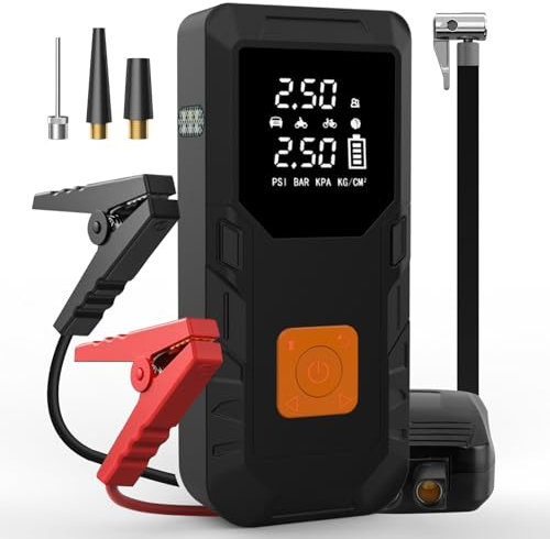 Hexinex 12000mAh Compresor Aire Portatil 150PSI & Arrancador de Baterias de Coche 12V (Gasolina o Diésel), Power Bank con 18W Carga Rápida, Inflador Ruedas con Linterna LED,Moto, Pelotas