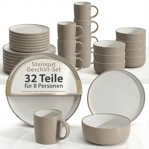 Hausfelder Steingut Geschirrset 8 Personen, 32-teilig, Nordic Sand