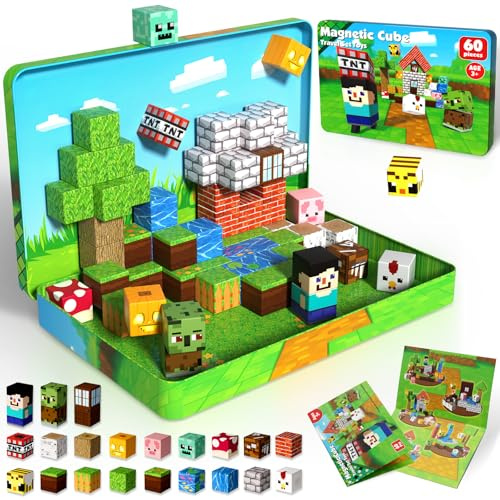 Magnetic Blocks, 60PCS Toddler Travel Toys Magnetic Tiles with Metal Box, Magnets Building Blocks Creative Construction Sensory Toys for Kids Boys Girls Ages 3 4 5 6 7 8 9 10 Birthday Xmas Gifts