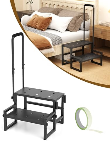 Heavy Duty 2 Step Stool for Adults, Step Stool with Handle for Elderly, Bedside Steps with Adjustable Handrail for High Beds, Kitchen, Car, Bathtub, Hold up to 400LBS