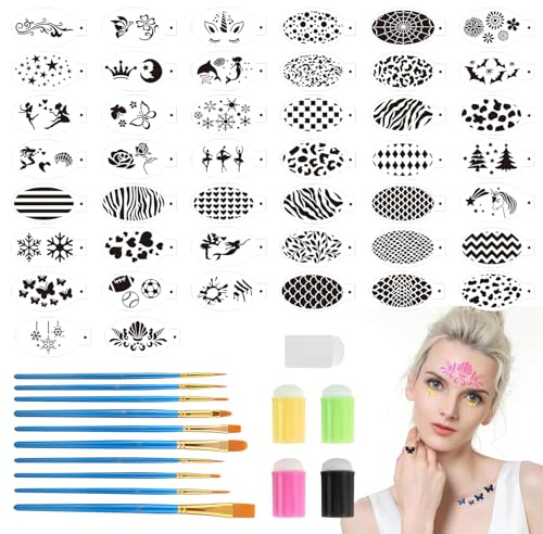 Schminken Schablonen, 44 Stück Tattoo Schablonen schminken Wiederverwendbar mit 5 Fingerschwamm und 10 Malerei Pinsel für Erwachsene Halloween Karneval Party Make-up