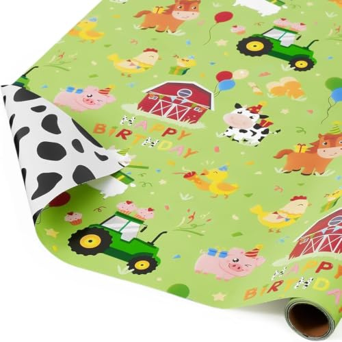 WERNNSAI Bauernhof Geschenkpapier – 1 Rolle Bauernhoftieren Geschenkpapier Geburtstage Kinder Mini Rolle Traktor Geschenkverpackung mit Kuhmuster Geburtstagsparty Dekoration 43cm x 5m