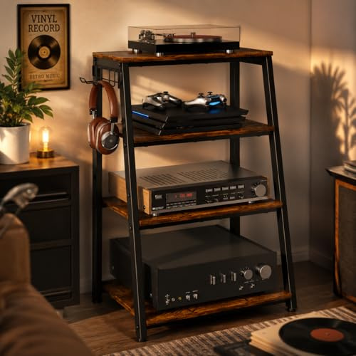 TWSOUL Estante de 4 niveles HiFi, tocadiscos, torre de audio de madera y acero, estantería de madera con estantes abiertos, para tocadiscos, sistemas estéreo y equipos compactos, 48 x 36 x 80 cm