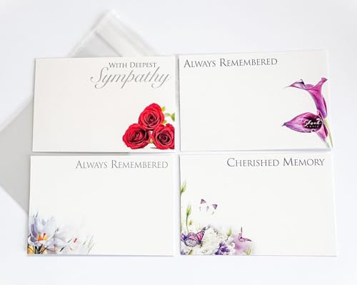ShredAstic® PACK OF 4 assorted small Florist Funeral flower Message Cards with 4 clear cellophane self seal bags 6 x 9cm (60x90mm) Deepest Sympathy, Always Remembered, Cherished Memory