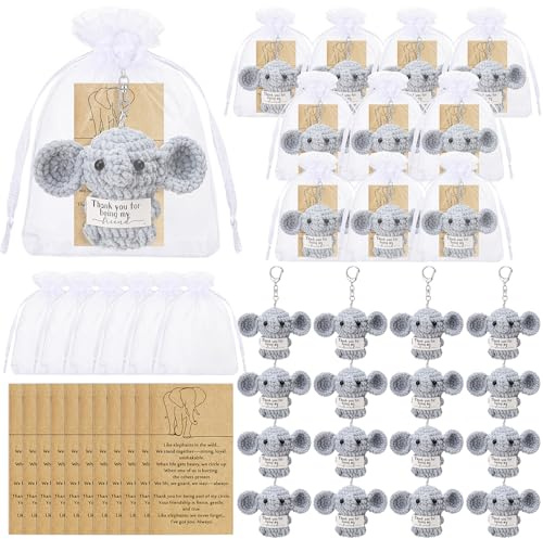 Preboun 20 Set Elephant Friends Gifts with Thank You Card – Handmade Crochet Elephant Keychains for Women, Sisterhood, Friendship,Friends,Positive Support Favors