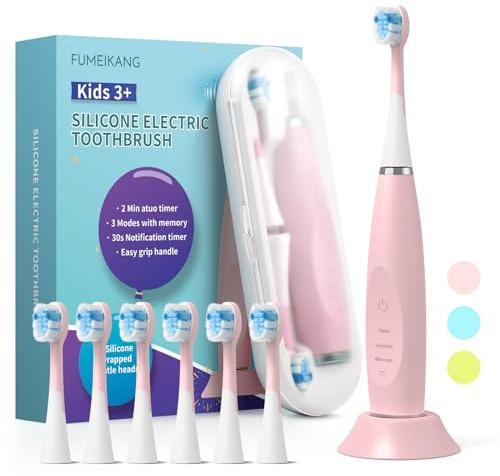 FUMEIKANG Elektrische Zahnbürste Kinder ab 3-12 jahre Kinderzahnbürsten Elektrisch Smart Timer 6 Weich Bürstenköpfes Wasserdicht Schallzahnbürste für Mädchen Jungen (rosa)