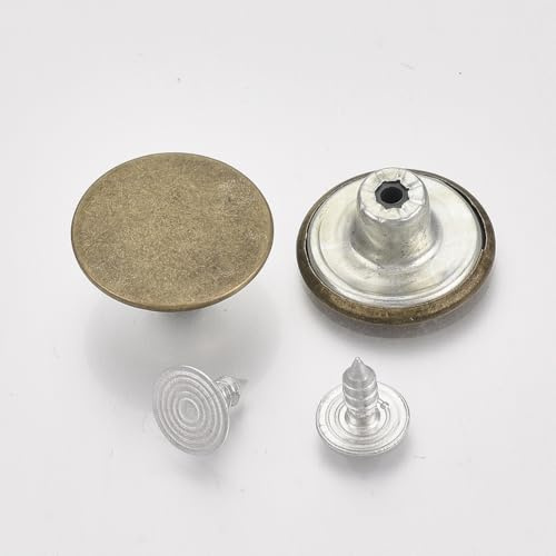 Jeansknöpfe Set 12 Sätze – Ø 17mm Metallknöpfe mit Stift in Antik-Bronze – flach, rund, aus robustem Eisen – ideal zum Nähen, Basteln und Reparieren von Jeans, Jacken, Hosen & Taschen