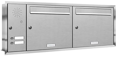AL Briefkastensysteme, 2er Unterputzbriefkasten, Doppel-Briefkasten mit Klingel, 2 Fach, Briefkastenanlage modern, rostfrei Edelstahl Postkasten