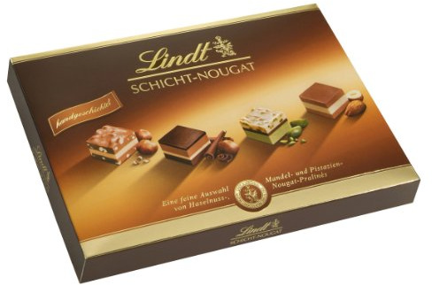 Lindt Schicht-Nougat Pralinés 125g, harmonisch abgestimmte Auswahl von Mandel-, Haselnuss-, und Pistazien-Nougat Spezialitäten, 125 g