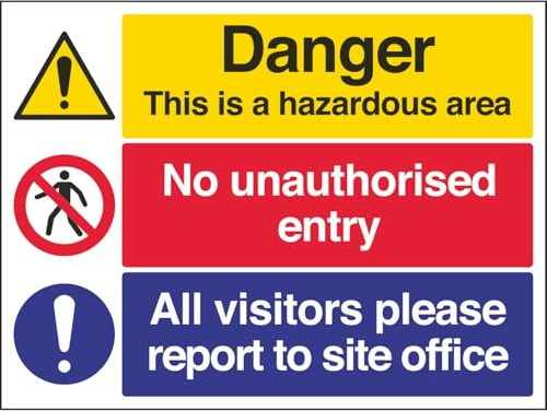 VSafety Schilder – 6C024BF-S – Warnschild Baustelle, selbstklebend, gefährlich/keine unbefugte Eintritt/Bericht an das Büro – 400 x 300 mm – 3 Stück