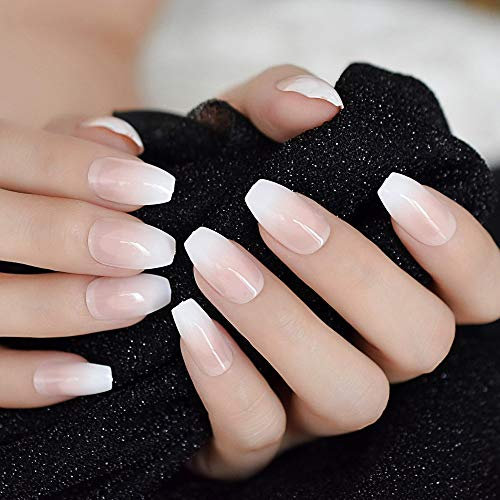 CoolNail Pink Nude White Ombre French Ballerina Coffin False Nails Gradient Natural Manicure Press on Fake Nails Tips Daily Office Finger Wear