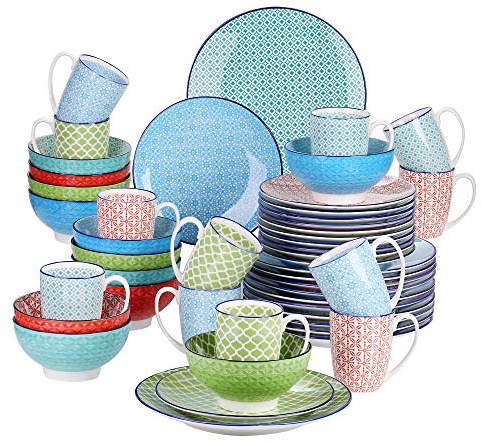 vancasso Service de table en porcelaine multicolore, Macaron, 48 pièces, avec 12 assiettes plates, assiettes à dessert, bols à céréales et tasses à café pour 12 personnes
