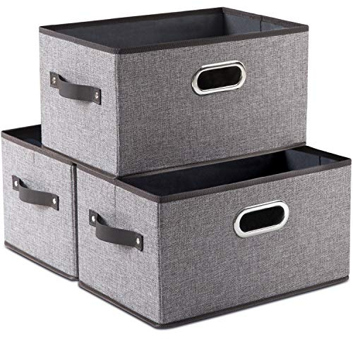 PRANDOM Large Foldable Storage Bins for Shelves [3-pack] Decorative Linen Fabric Storage Baskets Cubes with Leather/Metal Handles for Closet Nursery Office Grey and Black Trim (14.9x9.8x8.3 Inch)