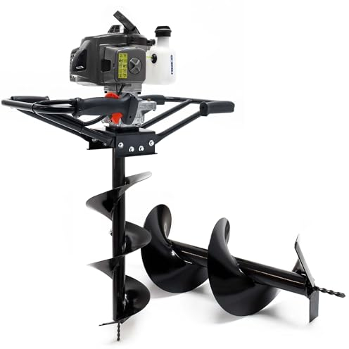 Wiltec Set Benzin Erdlochbohrer 2 Personen mit 250, 300 mm Bohrschnecke, 2,2 kW 3 PS 63,3ccm Pfahlbohrer Pflanzenbohrer