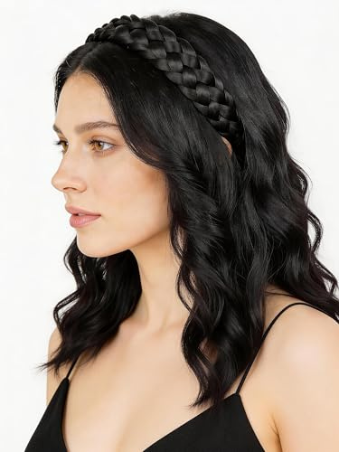 BOBIYA 5 Strang Synthetische Haar Geflochtenes Stirnband Klassische Chunky Wide Geflochtene Zöpfe Elastische Stretch Haarteil für Frauen Mädchen (schwarz)