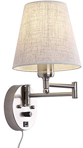Affsure Bedside Wall Mount Light with Dimmable Switch and USB Port, Swing Arm Fabric Shade Wall Sconce Light with Plug in Cord, Wall Lamp Perfect for Bedroom, Living Room and Hotel