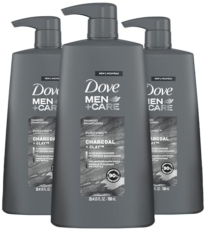 DOVE MEN + CARE Shampoo Charcoal + Clay 3 Count For Healthy-Looking Hair Naturally Derived Plant Based Cleansers 25.4 oz