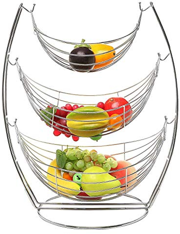 2 Tier Chrome Swinging Fruit Vegetable Bowl Basket Rack Storage Holder Hammock Fruit Vegetables Produce Metal Kitchen Swing Display Stand (3 Tier Basket)