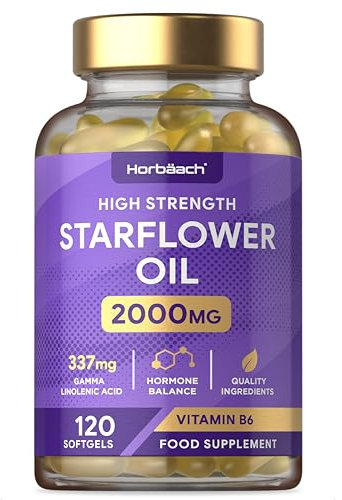 Starflower Oil Capsules 2000mg | 337mg GLA | Cold-Pressed Borage Oil with Vitamin B6 | Natural Source of Omega-6 | 120 Softgels | by Horbaach