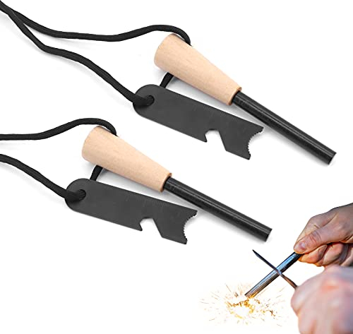 Beowanzk 2 Pack Magnesium Fire Starter with Wooden Handle - Survival Fire Steel Rod Kit, Includes Multi-Function Ruler (Bottle Opener, Measurement Scale) for Camping & Emergencies
