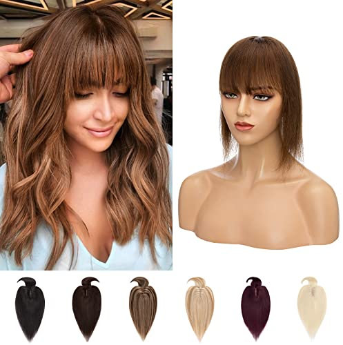 Silk-co Toupet Capelli Donna Veri con Frangia Clip Extension #4 Marrone Cioccolato Capelli Umani 44g Remy Human Hair Topper 35cm