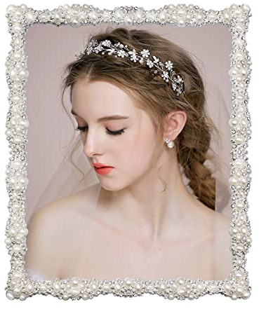 DIKAR 8x10 Picture Frame with Pearl for Wedding, Silver Plated with HD Acylic Finish Photo Frames with Rhinestones for Horizontal and Vertical Decor Tabletop Display