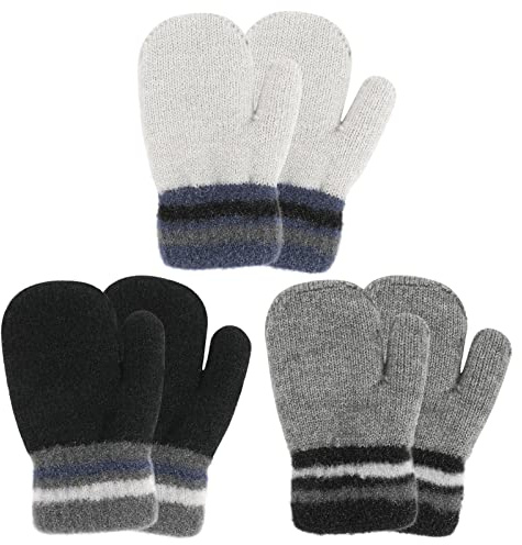 QKURT 3 Paar Kleinkindhandschuhe, Kinder Strickhandschuhe gefütterte Fleece Thermohandschuhe Kinder Magic Fäustlinge Warme Handschuhe Kinderhandschuhe für 1~3 Jahre alte Baby Mädchen Jungen