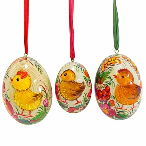 Handbemalte Ostereier aus Holz 6,5 cm 2 St und 4,5 cm 1 St St. Osterdekoration zum Aufhängen Für den schönen Osterstrauß mit Ukrainischer Petrykiwka-Malerei (Rot)