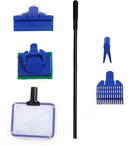 Amfrpar 5 in 1Kit Pulizia Vetro Acquario con Rete da Pesca + Raschietto Alghe + Spugna + Rastrello Ghiaia + Forchetta Galleggiante Set di Completo Accessori Pulitore Serbatoio di Pesce Strumenti