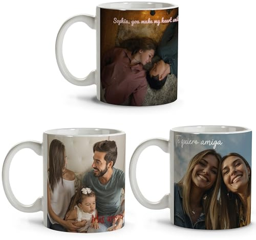 Pack 3 Tazas Personalizadas con Foto y Texto. Personalizar Tazas. Regalos Personalizados para San Valentín. Tazas Personalizables 14 de Febrero. Prenda Dia dos Namorados. Canecas Personalizadas.