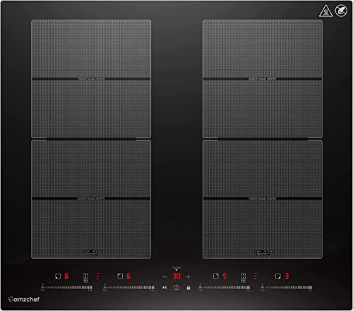 Piano cottura a induzione 4 zone, piano cottura a induzione AMZCHEF con due zone flessibili, booster e 9 livelli di potenza, funzionamento silenzioso (42 dB), funzione pausa e mantenimento in caldo,