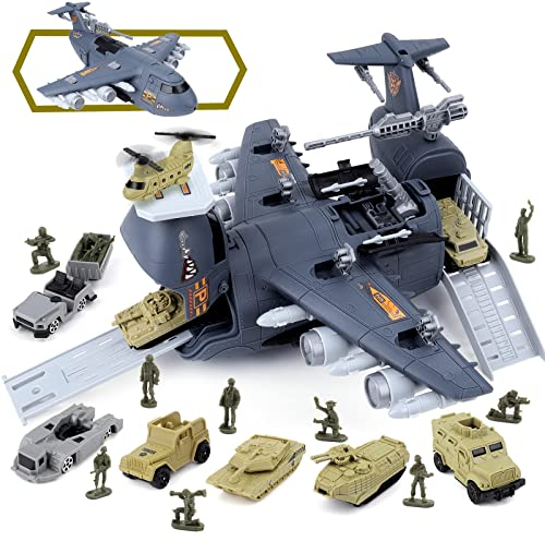 deAO Kit de Jouets Militaires avec 10 Figurines Soldats,10 Véhicules, Avion de Combat Miniature, Avions Jouets Transporteur Ensemble Cadeau pour Enfants 3-12 Ans (Armée, Char, Soldat de Combat)