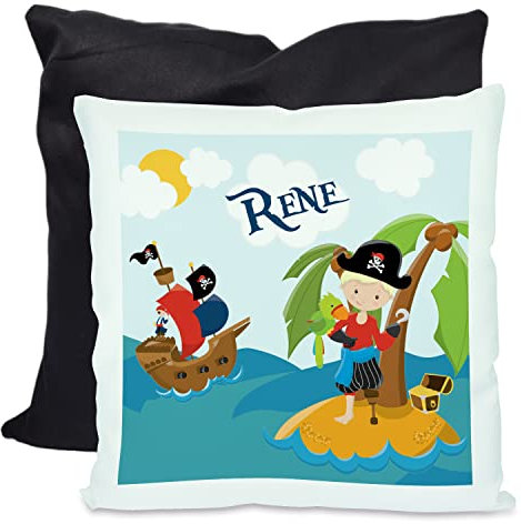 CreaDesign, Kinder Kissen 40x40 cm personalisiert mit Namen, Kinderzimmer Deko Kissen Kinder mit Füllung Federn, Motiv Pirat, Rückenfarbe Schwarz
