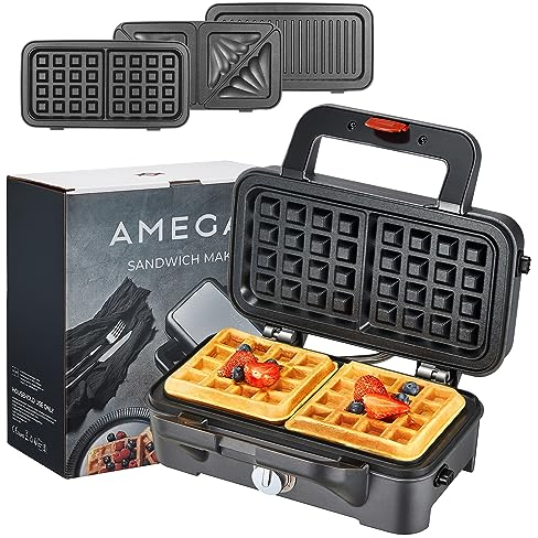 Sandwichmaker 3 in 1, 1200W Waffeleisen Sandwichtoaster Kontaktgrill mit 5-Gang-Temperaturregelung, Antihaftbeschichtung für einfache Reinigung ohne Anbrennen, LED-Leuchten, AMEGAT