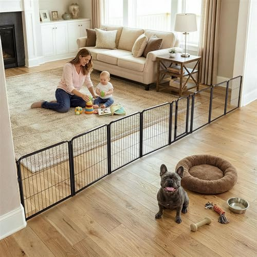FXW Dog Gate Extra Wide Designed for Indoor Use, Adjustable Width Up to 183-inch Wide (24 H 8 Wire Panels for Puppies and Small Dogs), Black