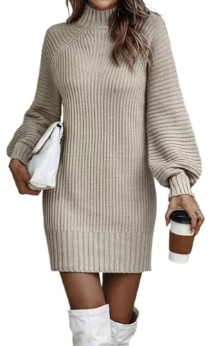 Minetom Strickkleid Damen Winter Puff Ärmel Rollkragen Minikleid Winterkleid Hohe Elastizität Pulloverkleid Herbst Winter Langarm Kleider Strick A Aprikose XS