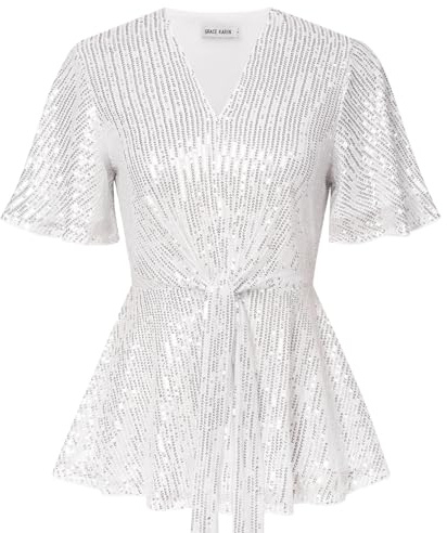Damen Casual Shirt Kurzarm Tunika Slim Fitted Pailletten Bluse T-Shirt V-Ausschnitt Festlich Oberteile für Party Silber M