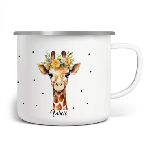 miKalino Emaille Tasse Mädchen - Trinkbecher Kinder personalisiert - Emaille Becher mit Giraffe-Motiv - Kindertasse mit Namen - Kindertasse bedruckt - Emaille Becher Weiß, 300ml