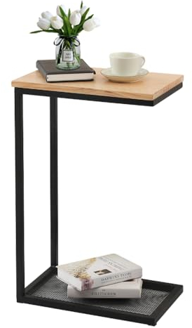 Mingone Beistelltisch Holz C-Form Couchtisch Nachttisch Sofatisch Telefontisch Kiefernholz mit Stauraum für Wohnzimmer Schlafzimmer 28x45x68cm