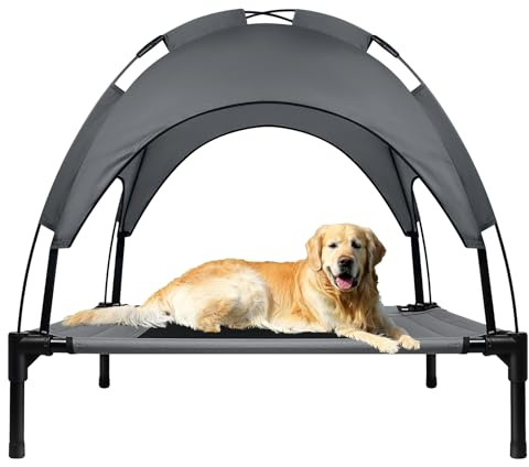 Aufun Hundebett mit Baldachin, L 122 x B 92 x H 102 cm Erhöhtes Haustierbett mit Dach und Eisenrahmen, Hundeliege Garten, Haustier Liegeplatz draußen, Atmungsaktiv, Katzenliege Katzenbett (XL)