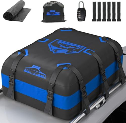 Rymopuey Dachbox Faltbar 20 Cubic/566 L, 700D Wasserdicht Dachbox Auto, Dachbox mit Anti-Rutsch-Matte und 10 Schwerlastgurten, Faltbare Weich Dachtasche Auto für Autos mit/ohne Gepäckträger(Blau)