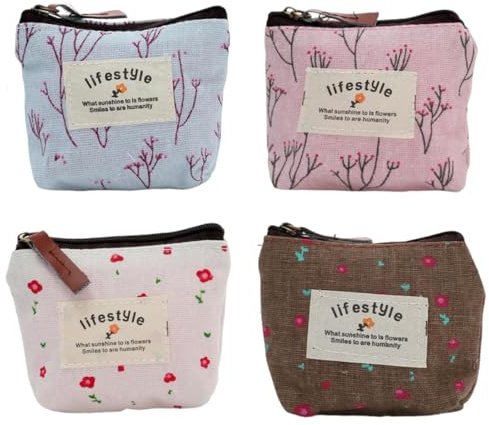 4 Pezzi Portamonete Portafoglio da Donna con Cerniera,Mini Portatile Sacchetto Ragazze Piccola Borsa per Carta di Credito Chiavi Auricolare Rossetto,Portamonete Floreale Mini Portafoglio Borse-Stile A