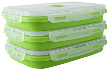 3er Set 1200ml Faltbare Silikon Brotdosen & Frischhalteboxen, zusammenklappbare Behälter mit Deckel & Verschlussbügel, auslaufsicher BPA-frei, mikrowellen- gefrierschrank- spülmaschinengeeignet, Grün