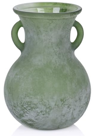Green Vintage Glass Vase with Handles, 20cm Frosted Sage Green Flower Vase, Rustic Farmhouse Decorative Vase for Table Centrepiece, Living Room, Mantelpiece, Shelf, Wedding and Holiday Decorations