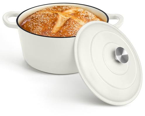 P&P CHEF 7QT Enameled Dutch Oven, Cast Iron Dutch Oven Pot with Lid for Bread Baking, Enameled Casserole Pot for Roasting Braising Stewing Frying Simmering, Various Stoves & Easy Clean, White