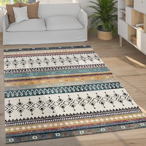 Paco Home Teppich Wohnzimmer Schlafzimmer Kurzflor Vintage Boho Ethno Skandi Geometrisches Muster Streifen Rauten Design, Grösse:120x170 cm, Farbe:Beige 2